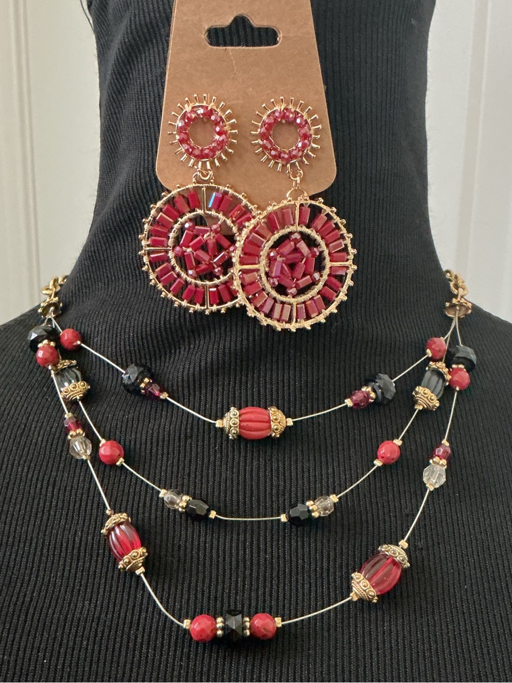 2-Piece Set Gold-Tone Red Beaded 3-Strand Necklace with Matching Earrings